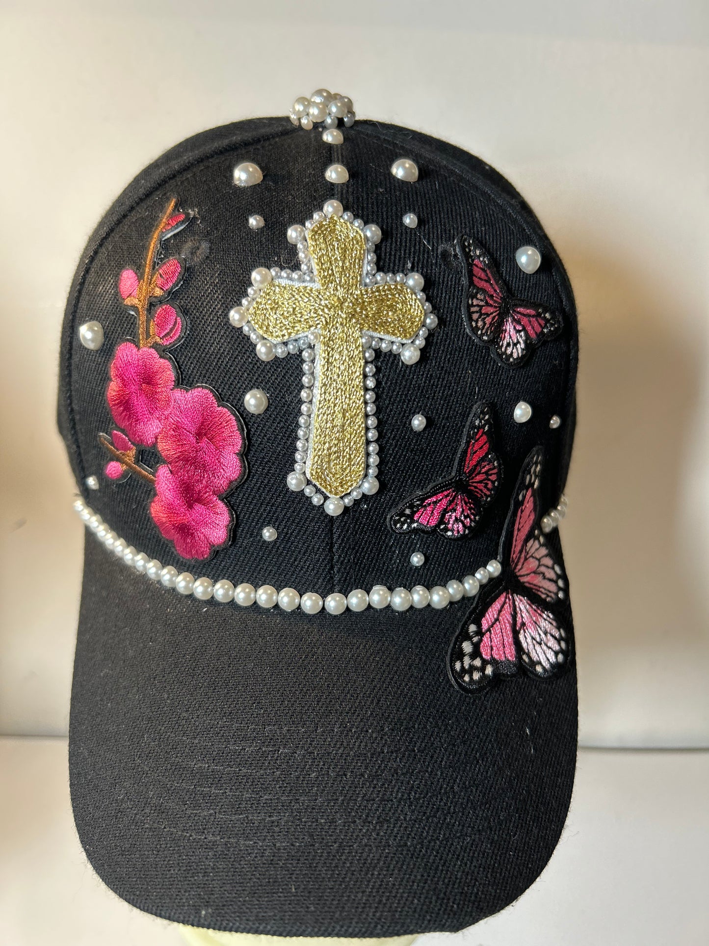 Black Pearl and flower Cross Hat