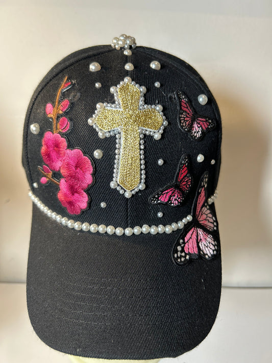 Black Pearl and flower Cross Hat